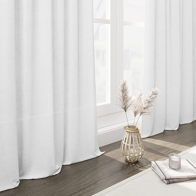 Nanspring White Linen Back Tab Rod Pocket Curtains 52 Inch Length for Small Windows Privacy Semi Sheer Neutral Modern Farmhouse Window Curtain Linen Drapes Rustic Curtain 2 Panels Set 52x52