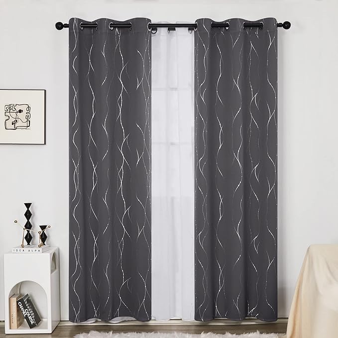 Deconovo Grey Blackout Curtains for Bedroom, Thermal Insulated Soundproof Drapes, Wave Dots Foil Print, 38 x 84 Inches Long, 2 Panels, Machine‑Washable Privacy Window Panel for Living Room Patio Door