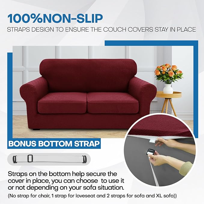 XINEAGE 2026 New 3 Pieces Couch Covers for 2 Extra Large Cushion Sofa Super Stretch Sofa Cover for 2 Large Seat Universal Loveseat Slip Cover for Living Room (Wine Red), 71"-91"(2 Cushions)
