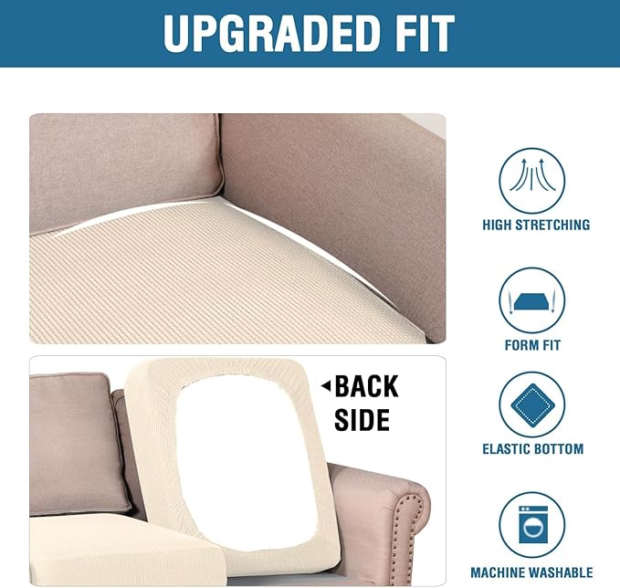 H.VERSAILTEX Super Stretch Individual Seat Cushion Covers Sofa Covers Couch Cushion Covers Slipcover Sets Thick Jacquard Textured Twill Fabric (1 Piece Loveseat Cushion Cover, Cream)