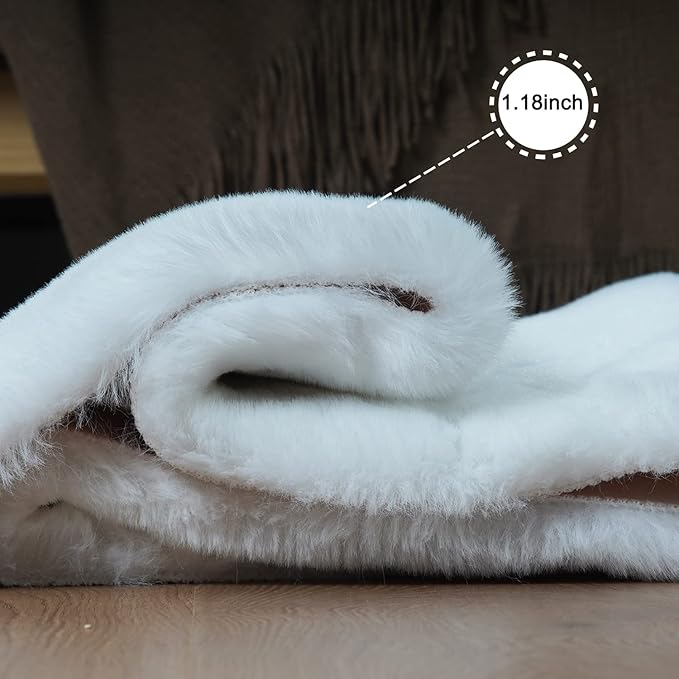 Ghouse Ultra Soft Faux Rabbit Fur Rug, Machine Washable Area Rugs for Bedroom Fluffy Rugs for Living Room, No-Shedding Carpet Sheepskin Runner Rugs White 2x10 Feet