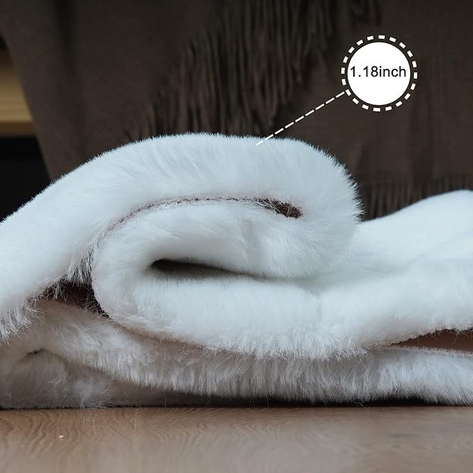 Ghouse Faux Rabbit Fur Round Rug 8ft White Round Rugs for Bedroom Decor Fluffy Area Rugs for Living Room, no-Shedding Carpet Sheepskin Washable Rug Rome Decor