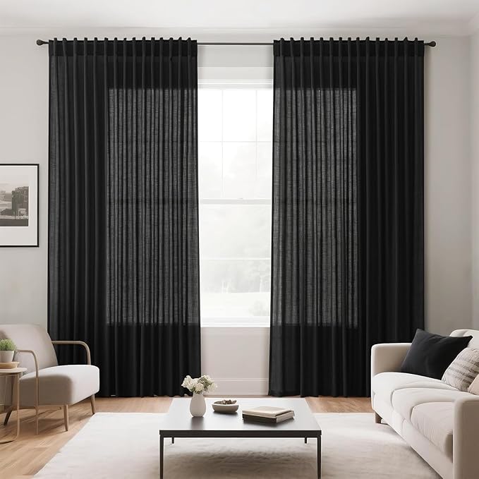Nanspring 96 inch Linen Curtains for Bedroom Living Room Light Filtering Privacy Black Simple Modern Curtains Back Tab and Rod Pocket Curtain for Office/Dinner Room 70x96,2 Panel