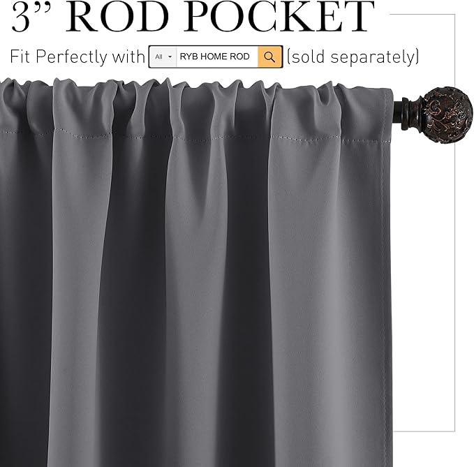 RYB HOME Blackout Cafe Curtains 30 inch Length, Short Light UV Heat Blocking Energy Saving Privacy Curtain Tiers for Basement Bathroom Kitchen Window, Width 29 by Length 30, Grey, 2 Panels
