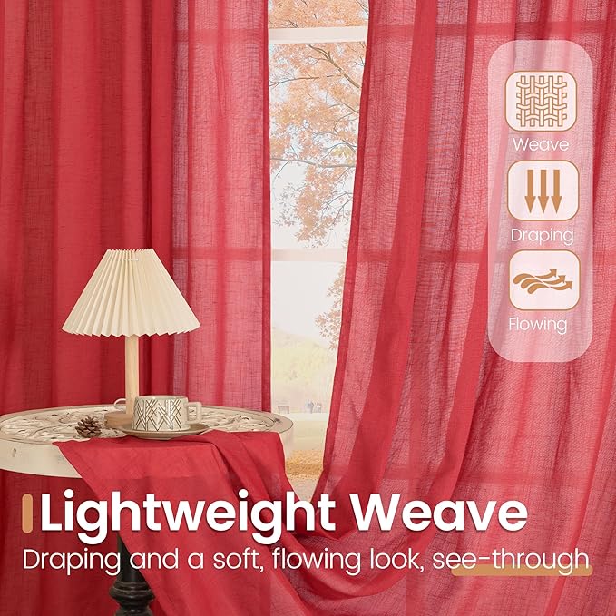 BGment Red Linen Curtains 40 Inch Length for Window, Short Drapes Semi Sheer Textured for Bathroom Kithchen Window with Rod Pocket Lightweight, 2 Panels, Each 42 Inch Wide