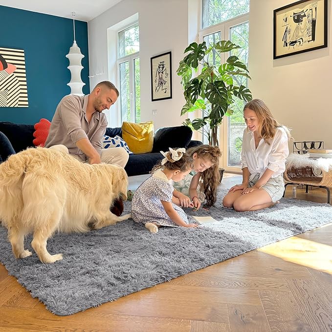 OLANLY 7x12 Machine Washable Large Area Rugs for Living Room, Bedroom, Soft Fluffy Shaggy Bedside Rug, Indoor Floor Carpet for Kids Girls and Boys, Dorms, Nursery, Home Decor Aesthetic, Light Grey