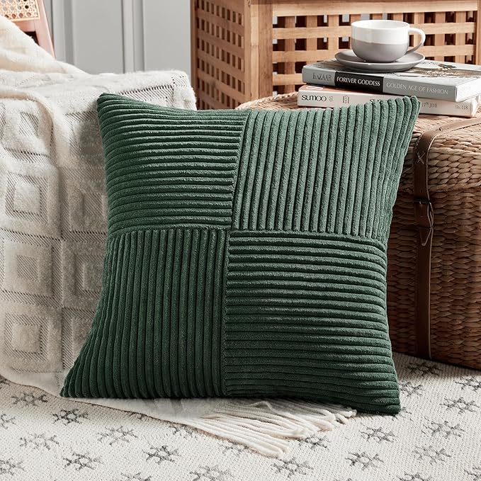 Fancy Homi Set of 2 Dark Green Decorative Throw Pillow Covers 16x16 Inch for Living Room Couch Bed, Boho Farmhouse Forest Green Home Decor, Soft Corss Corduroy Patchwork Textured Cushion Case