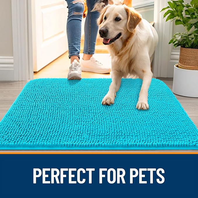 OLANLY Dog Door Mat for Muddy Paws 35x24, Absorbs Moisture and Dirt, Absorbent Non-Slip Washable Doormat, Quick Dry Chenille Mud Mat for Dogs, Entry Indoor Entryway Carpet for Inside Floor, Aqua Blue