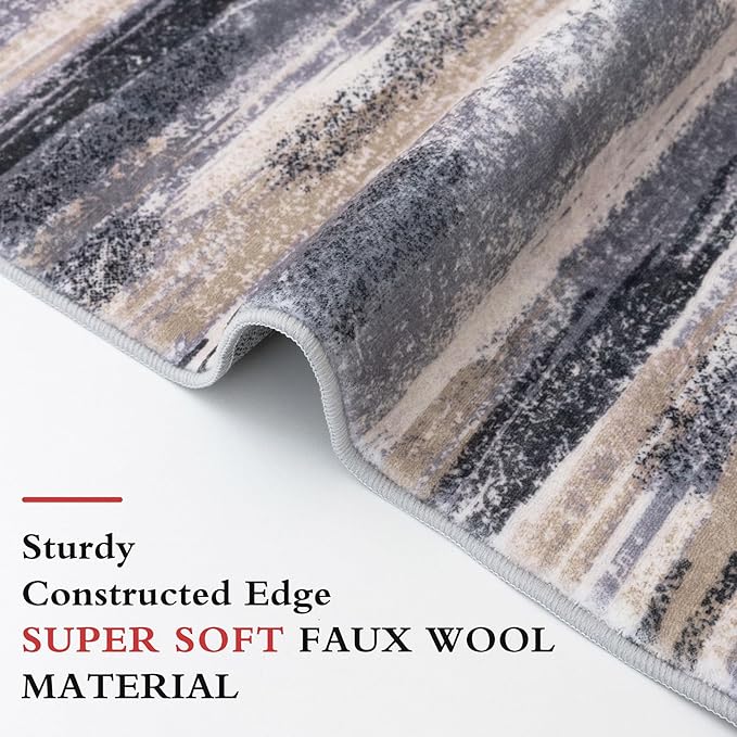 Lansny Modern Abstract Runner Rug 2.6x8, Grey Black Multi Washable Kitchen Runner Non-Slip Soft Hallway Rug Runner Thin Print Faux Wool Carpet for Entryway Bedroom Laundry Room Indoor Home Decor