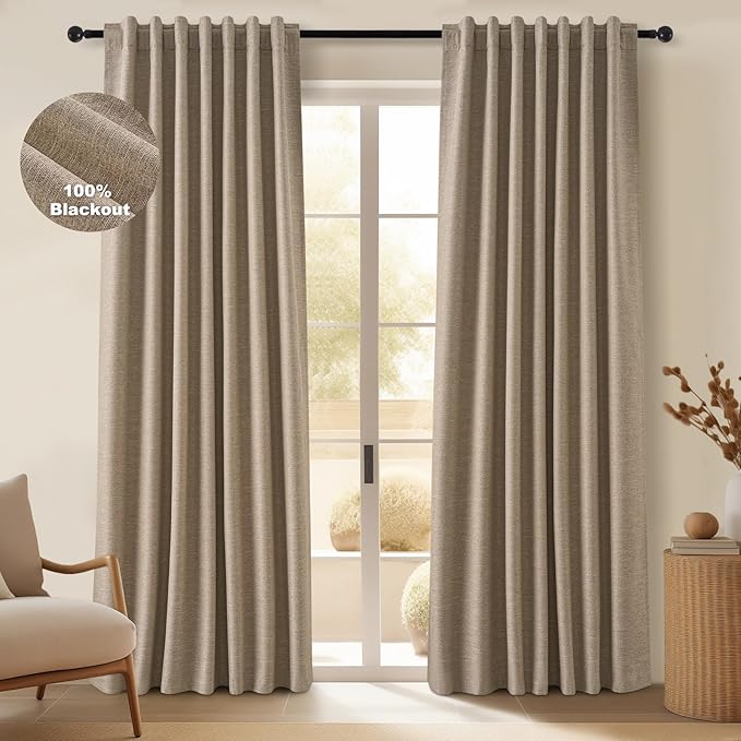 Topfinel Linen Blackout Curtains 96 Inch Long, Light Blocking Rustic Neutral Thermal Insulated Brown Natural Linen Cabin Back Tab Viral Drapery Drapes with Hooks Rings 2 Panel Sets, Brown Tan 8 FT
