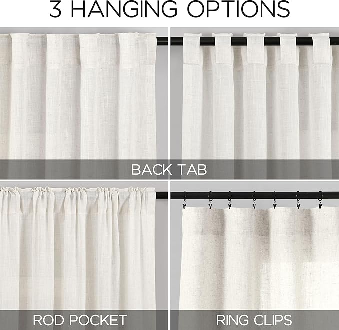 Nanspring Beige White Linen Curtains for Living Room 95 Inches Long Back Tab and Rod Pocket Light Filtering Semi Sheer Curtain Rustic Farmhouse Decor Luxury Drapes for Bedroom Office 52x95, 2 Panels