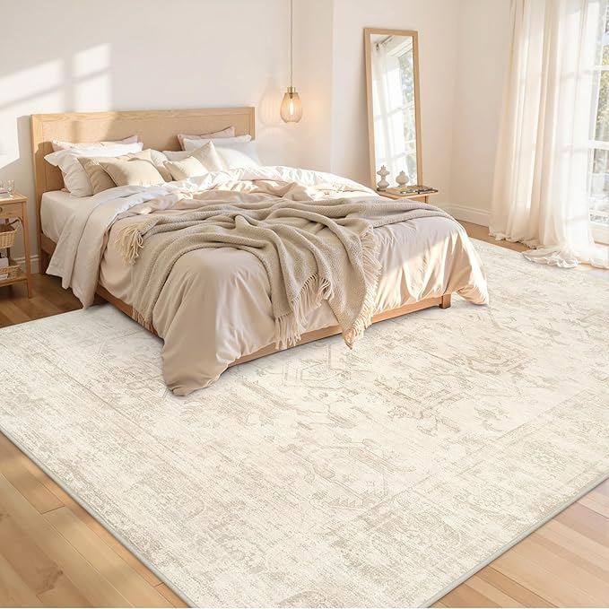 Area Rugs 9x12 Living Room: Vintage Boho Neutral Washable Rug Indoor Soft Large Area Rug Carpet for Bedroom Nursery Farmhouse Dining Room Office Floor Non-Slip Low Pile Under Table Rug Beige/Brown