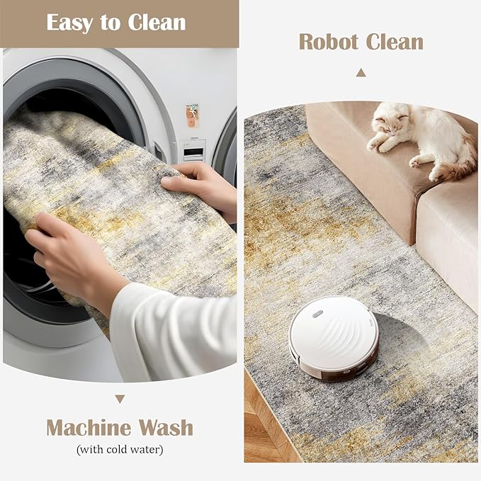 3x4 Washable Entryway Area Rug: Modern Abstract Small Runner Rug for Hallway Soft Non Slip Door Mat with Rubber Backing Low Pile Thin Floor Carpet for Kitchen Bathroom Bedroom Indoor 3x4 Grey/Yellow