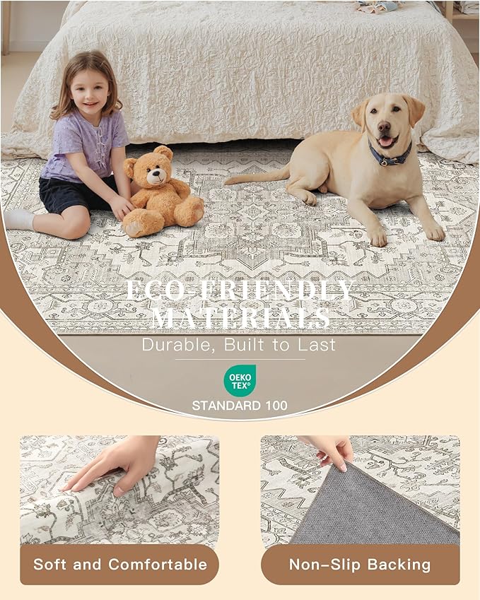 Madane Hallway Runner Rug 4x8 Wide: Washable Thin Runners for Hallways Entry, Non Slip Soft Vintage Kitchen Rugs Low Pile Carpet Runners for Living Room Bedroom Dining Room Foyer (Beige/Brown, 4x8)