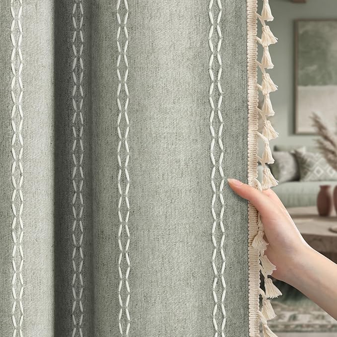 Boho Blackout Curtains 90 Inches Long Sage Green Linen Blend 2 Panels with Tassels and Cotton Embroidery, Farmhouse Vintage Rustic Rod Pocket Drapes for Living Room or Bedroom