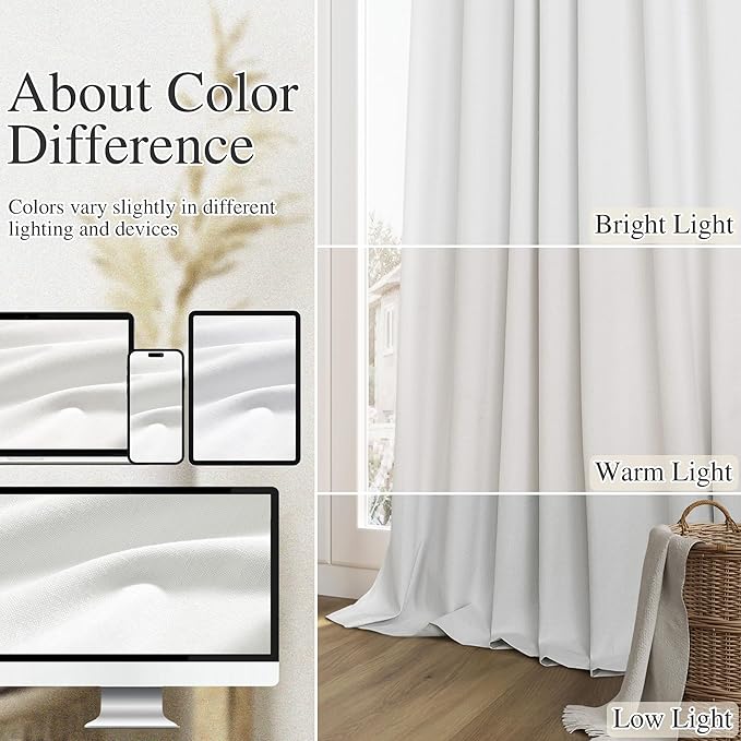 Guken White 100% Blackout Linen Curtains 84 Inch Length 2 Panels Set for Living Room Bedroom Back Tab Thermal Insulated 100% Black Out Drapes Room Darkening Farmhouse Style for Bedroom Curtains 52x84