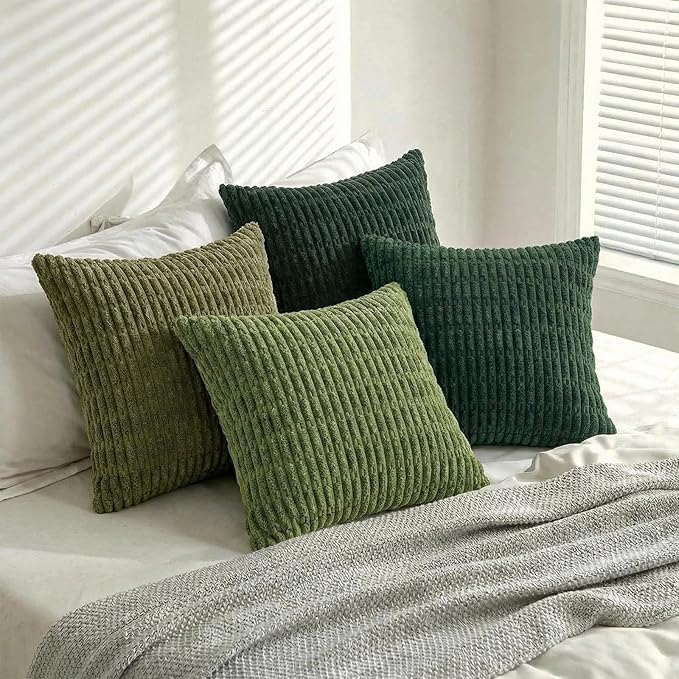 Fancy Homi Set of 4 Green Boho Spring Decorative Throw Pillow Covers 24x24 Inch for Couch Bed Sofa, Aesthetic Modern Bohemian Room Decor, Soft Fuzzy Fluffy Cozy Corduroy Cushion Case 60x60cm