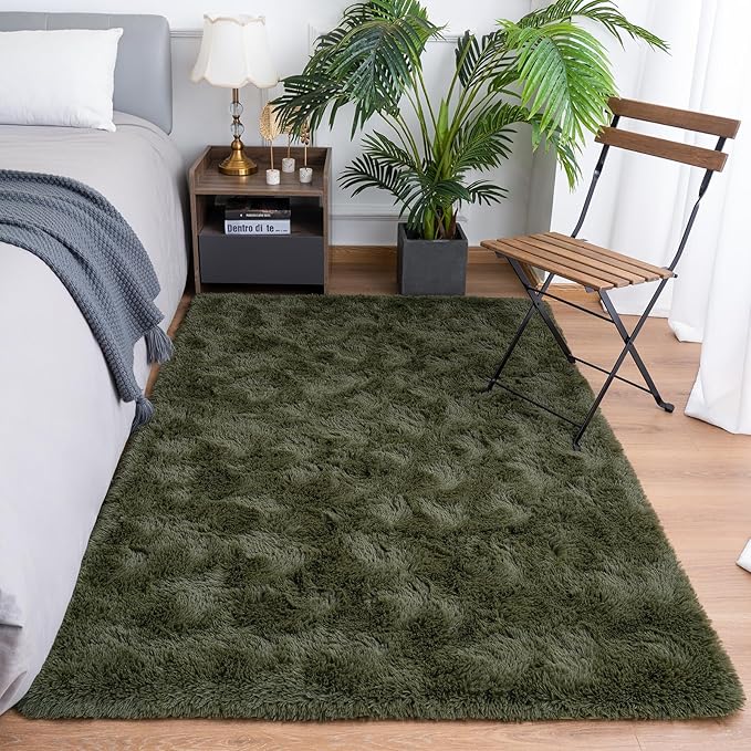 Goideal Fluffy Rug for Bedroom Living Room, 4x6 Olive Green Area Rugs, Faux Fur Shag Modern Carpet Ultra Soft Girls Boys Room Home Decor, Solid