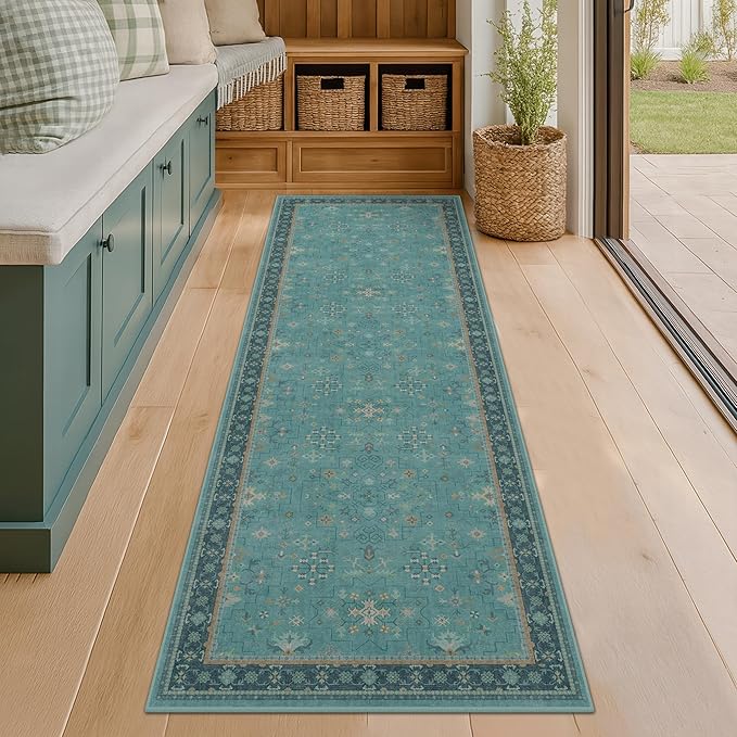 Hazo Haus Boho 2x7 Long Non Slip Kitchen Rug Runner - Teal Washable Rug for Bathroom, Hallway, Door Mats Indoor Entrance,Non Slip with Rubber Backing, Vintage Floral Indoor Décor
