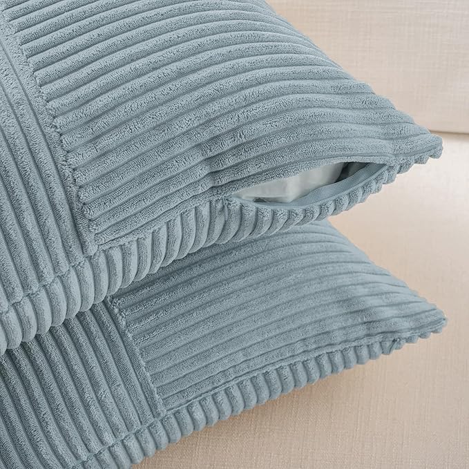 Fancy Homi Set of 2 Light Blue Lumbar Decorative Throw Pillow Covers 14x24 Inch for Couch Bed, Rustic Farmhouse Boho Home Decor, Soft Striped Corduroy Rectangle Accent Cushion Case 35x60 cm