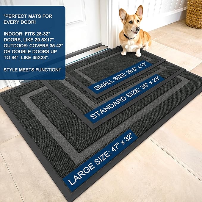OLANLY Front Door Mat Indoor Outdoor Entrance, Waterproof All-Season, All-Weather Doormat, Sturdy Natural Rubber, Fade Resistant, Low Profile, Easy Clean Patio Porch Entryway Mat, 35x23, Black