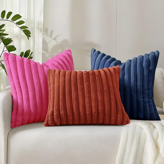 decorUhome Summer Cozy Faux Fur Throw Pillow Covers 16x16 Set of 2 Decorative Soft Plush Striped Modern Farmhouse Boho Couch Pillow Cases with Velvet Back for Sofa Bed Living Room, Hot Pink