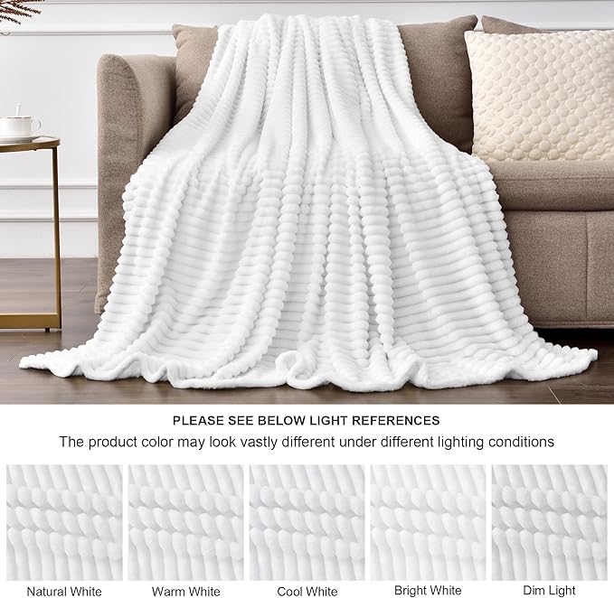 BEDELITE Fleece Throw Blanket for Couch – 3D Ribbed Jacquard Soft and Warm Decorative Fuzzy Blanket – Cozy, Fluffy, Plush Lightweight White Throw Blankets for Bed, Sofa, 50x70 inches