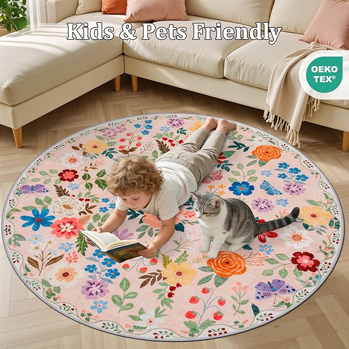Round Area Rug for Living Room: 6 ft Floral Washable Circle Rug Soft Boho Non-Slip Carpet Indoor Stain Resistant Low Pile Small Circular Rug for Bedroom Entryway Kitchen Nursery Home Office Beige