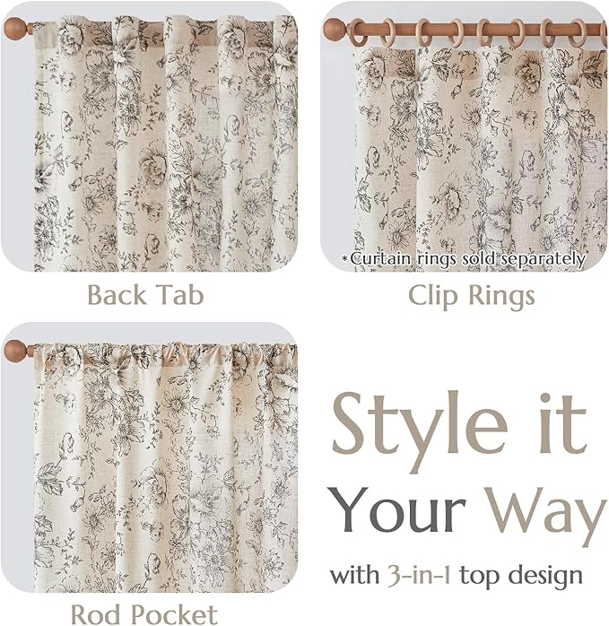 jinchan Lined Linen Blend Curtain Floral Curtains for Living Room 96 Inches Long Black Peony Flower Printed Curtain Back Tab Farmhouse Patterned Drapes Bedroom Window Curtains Set 2 Panels