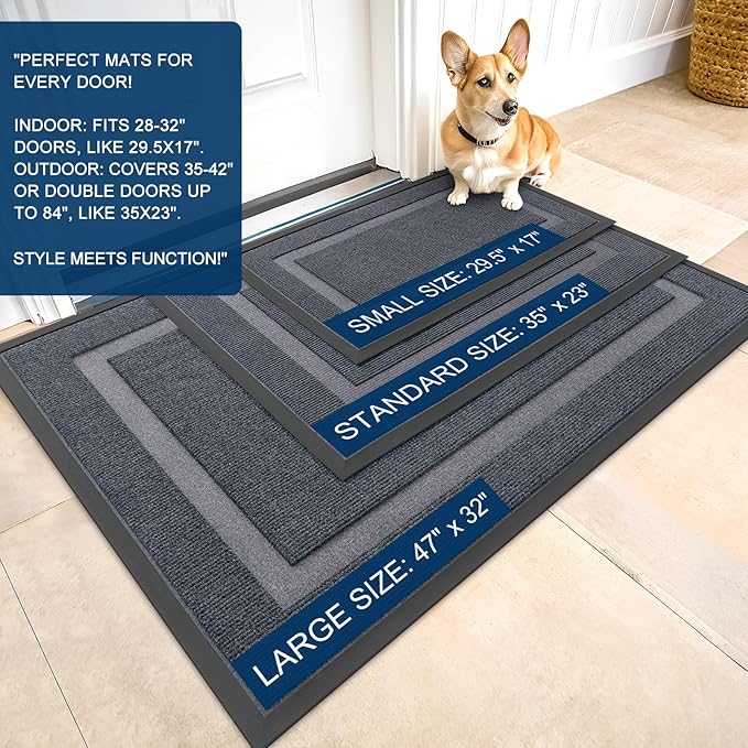 OLANLY Front Door Mat Indoor Outdoor Entrance, Waterproof All-Season, All-Weather Doormat, Sturdy Natural Rubber, Fade Resistant, Low Profile, Easy Clean Patio Porch Entryway Mat, 47x32, Light Grey