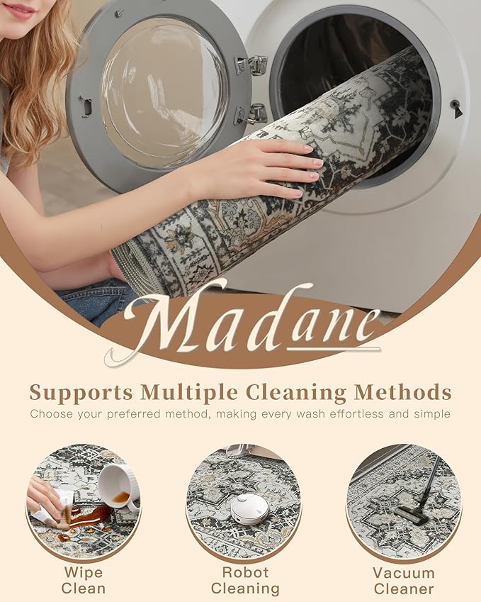 Madane 6x9 Area Rugs for Living Room, Stain Resistant Washable Rugs, Non-Slip Backing Area Rug, Vintage Home Decor Rug for Bedroom (Black, 6'x9')