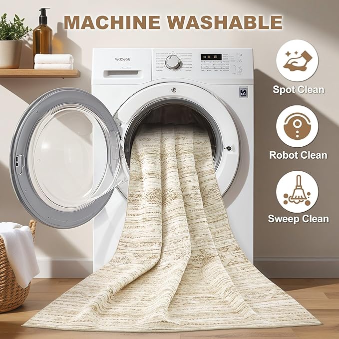 Nakagishi 8x10 Area Rugs Living Room: Washable Boho Large Neutral Modern Soft Farmhouse Beige Rug Stain Resistant Indoor Floor Non-Slip Carpet for Women Home Enthusiasts Aged 25-45 - Bedroom Room