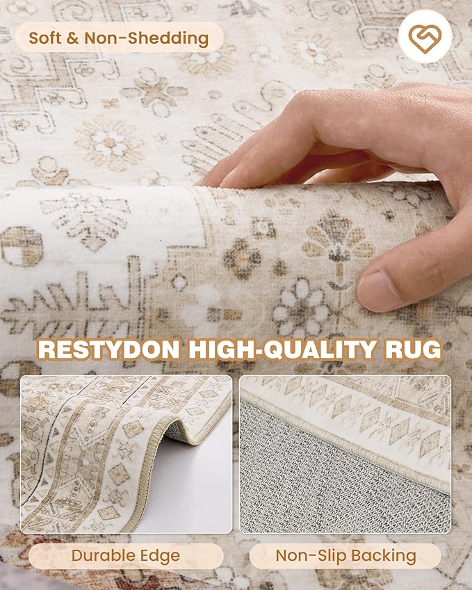 Runner Rug 2x8 Runners for Hallways Non Slip Washable, Vintage Hallway Runner Rugs for Living Room, Low Pile Soft Hallway Rug for Kitchen Bedroom Laundry Room(Cream/Beige,2'x8')