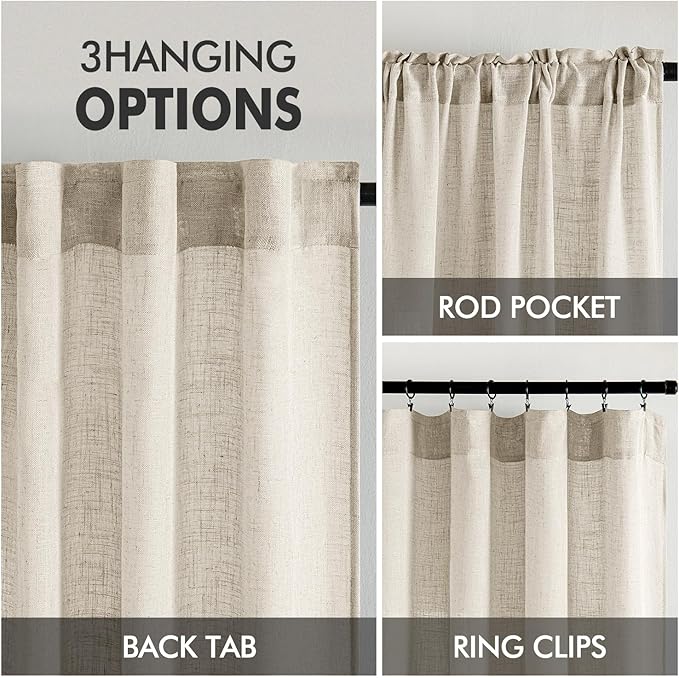 MIULEE Cream Linen Curtains 63 Inch Length 2 Panels for Bedroom Living Room, Soft Linen Textured Window Drapes Semi Sheer Light Filtering Back Tab Rod Pocket Farmhouse Modern Burlap Look Decor