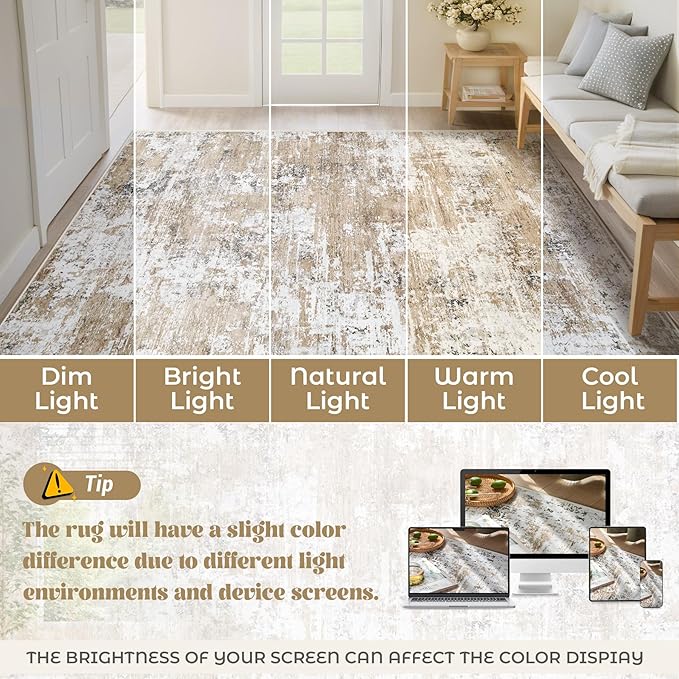XLUEZ 6x9 Area Rugs for Living Room, Washable Modern Abstract Large Area Rug Neutral Soft Non Slip Kids Rug Stain Resistant Indoor Carpet for Bedroom Nursery Dining Room Playroom(Beige, 6'x9')