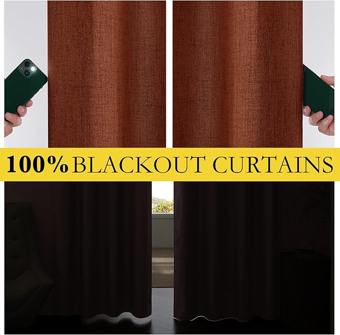 NICETOWN 100% Absolutely Blackout Linen Curtains with Thermal Insulated Liner, 52" Wide, 2 Panels, 102" Long Drapes, Grommet Retro Burnt Orange Linen Curtains Vertical Drapes Privacy for Bedroom