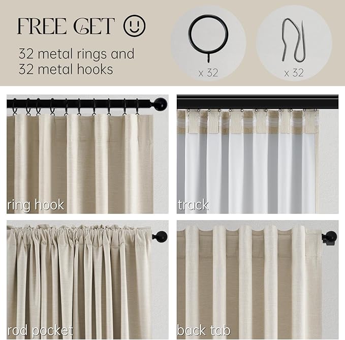 Topfinel 94 Inches Long Tan Colored Custom Blackout Linen Curtains, Internet Famous Beige Pleated Noise Cancelling Curtains with Pin Hooks for Traverse, Flax Linen Viral Drapes 2 Panels for Bedroom
