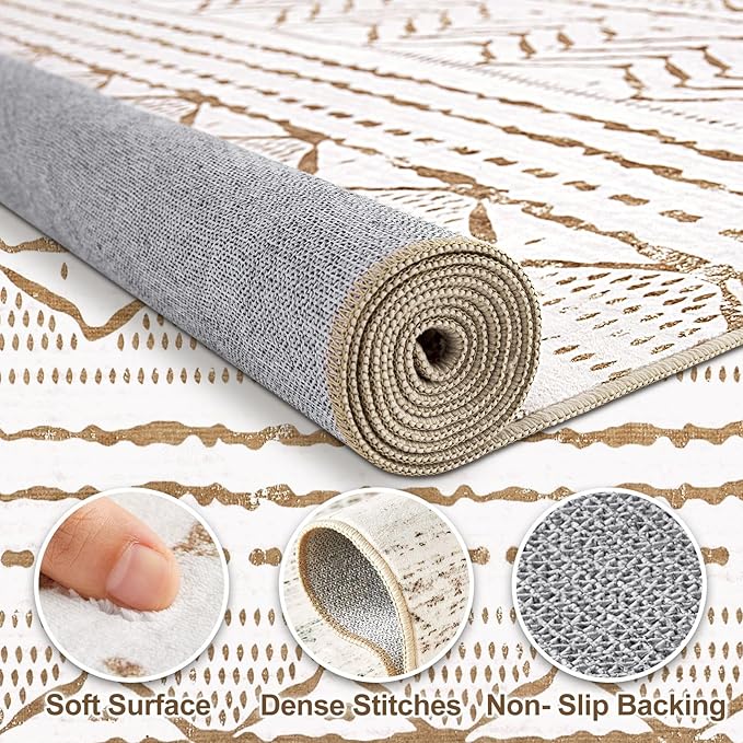 Nakagishi Area Rugs 8x10 Living Room: Washable Boho Large Neutral Soft Farmhouse Rug Stain Resistant Modern Geometric Indoor Floor Carpet for Bedroom Nursery Playroom Office Dining Room- Brown White