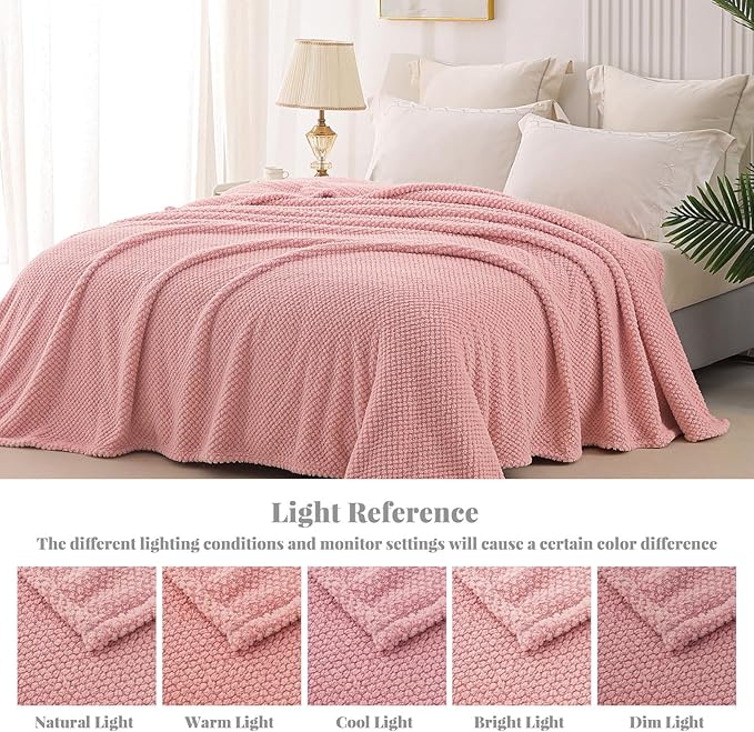 Whale Flotilla Queen Size Fuzzy Fleece Blanket for Bed, 90x90 Inch Fluffy Warm Soft Jacquard Blankets for All Season, Lightweight and Cozy, Pink