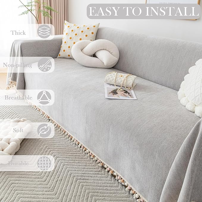 HANDONTIME Grey Sofa Cover for Couch Boho Couch Cover for 3 Seat Couches Dog Couch Cover Love Seat Couch Covers Light Grey Sectional Cover 91" X134" Tassel Chenille Herringbone Sofa Covers