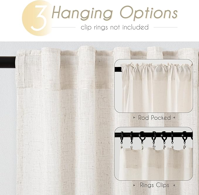 Natural Linen Curtain 102 inch Long 2 Panels Set Back Tab Light Filtering Living Room Curtain Drapes Home Office Modern Minimalist Decor Farmhouse Boho Neutral Cream Semi Sheer Curtain 102 inch Length