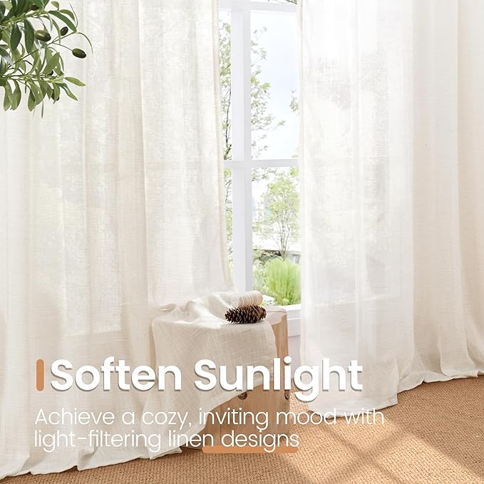 BGment 96 Inches Long Linen Curtains for Living Room - Natural Semi Sheer Drapes for Bedroom Dining Room Floor Length Lightweight Rustic with Rod Pocket Light Filtering, 2 Panels Set, 52 X 96 Inch