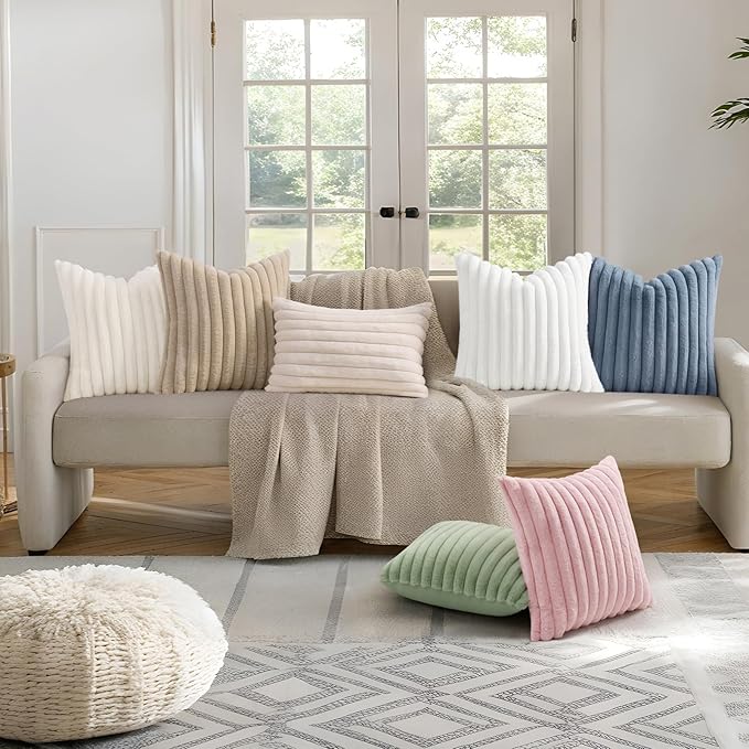 decorUhome Summer Cozy Faux Fur Throw Pillow Covers 22x22 Set of 2 Decorative Soft Plush Striped Modern Farmhouse Boho Couch Euro Sham Pillow Cases with Velvet Back for Sofa Bed Living Room, Beige