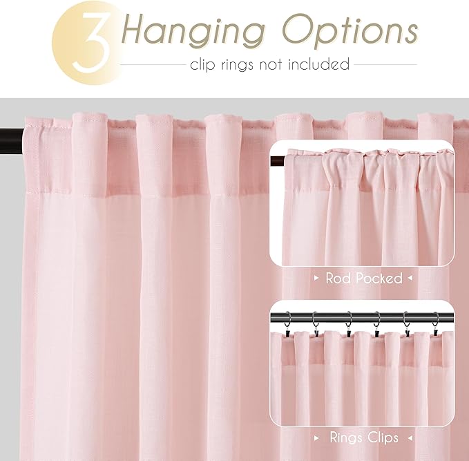 Pink Linen Curtains 84 Inch Length 2 Panels Set for Living Room Light Filtering Semi Sheer Curtains Cherry Blossom Pink Decor Modern Elegant Back Tap Drapes Nersury Bedroom 52ﾗ84 Inch