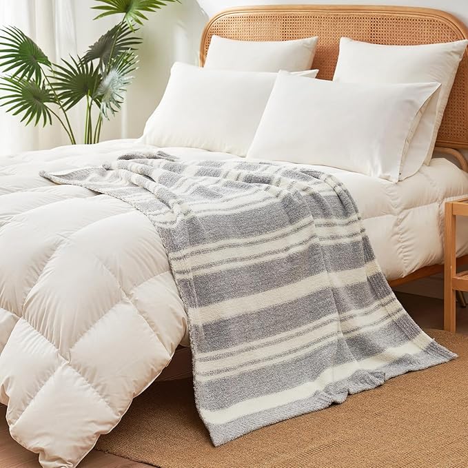 Snuggle Sac Grey Stripe Knitted Throw Blanket for Couch, Reversible Super Soft Warm Blankets Cozy Knit Fuzzy Plush Lightweight Throws for Sofa, Bed, Stripe Grey, 50 x 60 inches
