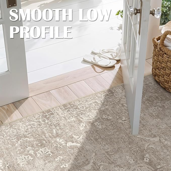 Washable 3x14 Runner Rug - Non-Slip Vintage Runner Rug for Entryway Low-Pile Medallion Long Rugs for Hallway Waterproof Traditional Runner Rugs Indoor Thin Rug for Kitchen (Beige)