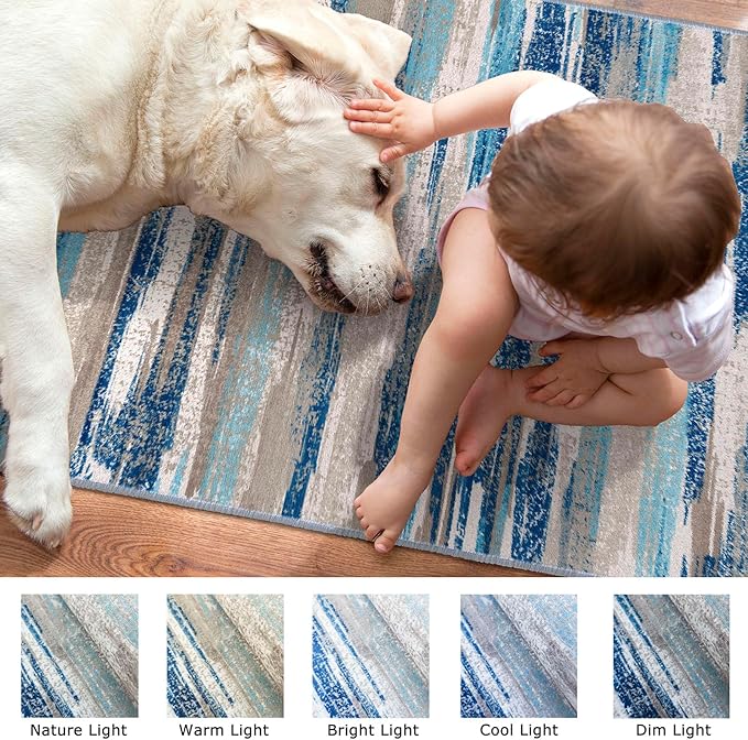 Lansny Modern Abstract Runner Rug 3x18, Blue Washable Long Kitchen Runner Non-Slip Soft Hallway Rug Runner Ultra Thin Print Faux Wool Carpet for Entryway Bedroom Laundry Room Indoor Home Decor