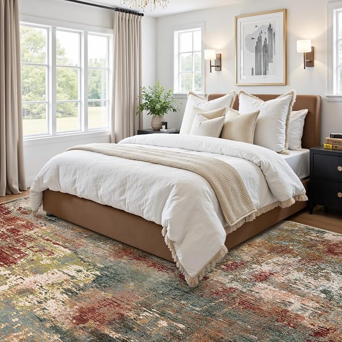 Washable Area Rugs Square 7ft Non-Slip Modern Abstract Soft for Living Room Entryway Bedroom Nursery, Print Pattern, Brown Rust Red Green Blue Multi