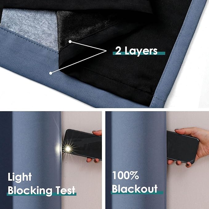 ChrisDowa 100% Blackout Curtains for Bedroom with Black Liner, 2 Thick Layers Total Blackout Thermal Insulated Grommet Window Curtains 2 Panels Set (Stone Blue, 42 x 63 Inch)