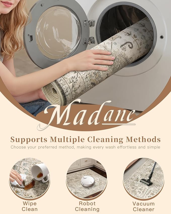 Madane Hallway Runner Rug 3x18 - Kitchen Rugs 18ft Washable Entryway Rug Vintage Kitchen Runners Non Slip Indoor Area Rug Farmhouse Carpet Runner for Bathroom Living Room Bedroom, Ivory/Brown